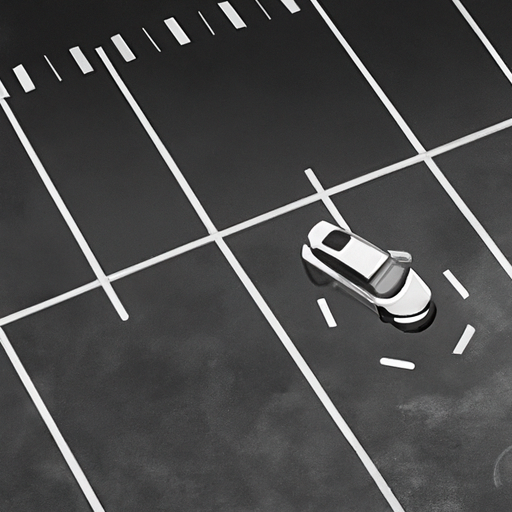 תמונה בשחור-לבן של מכונית נוסעת דרך מגרש חניה שנצבע טרי.