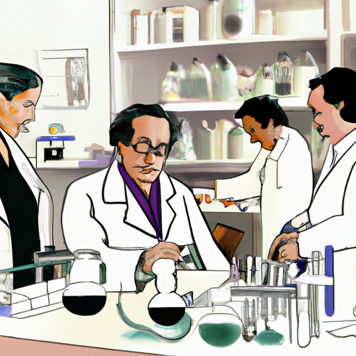 1. An illustration showing a group of scientists in a lab, representing the research and development aspect of therapeutic companies.