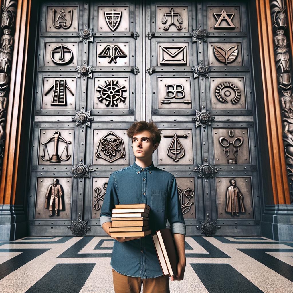 תמונת סטודנט/ית מחזיק/ה ספרים ועומד בפני דלתות גדולות עם סמלים של מקצועות שונים.